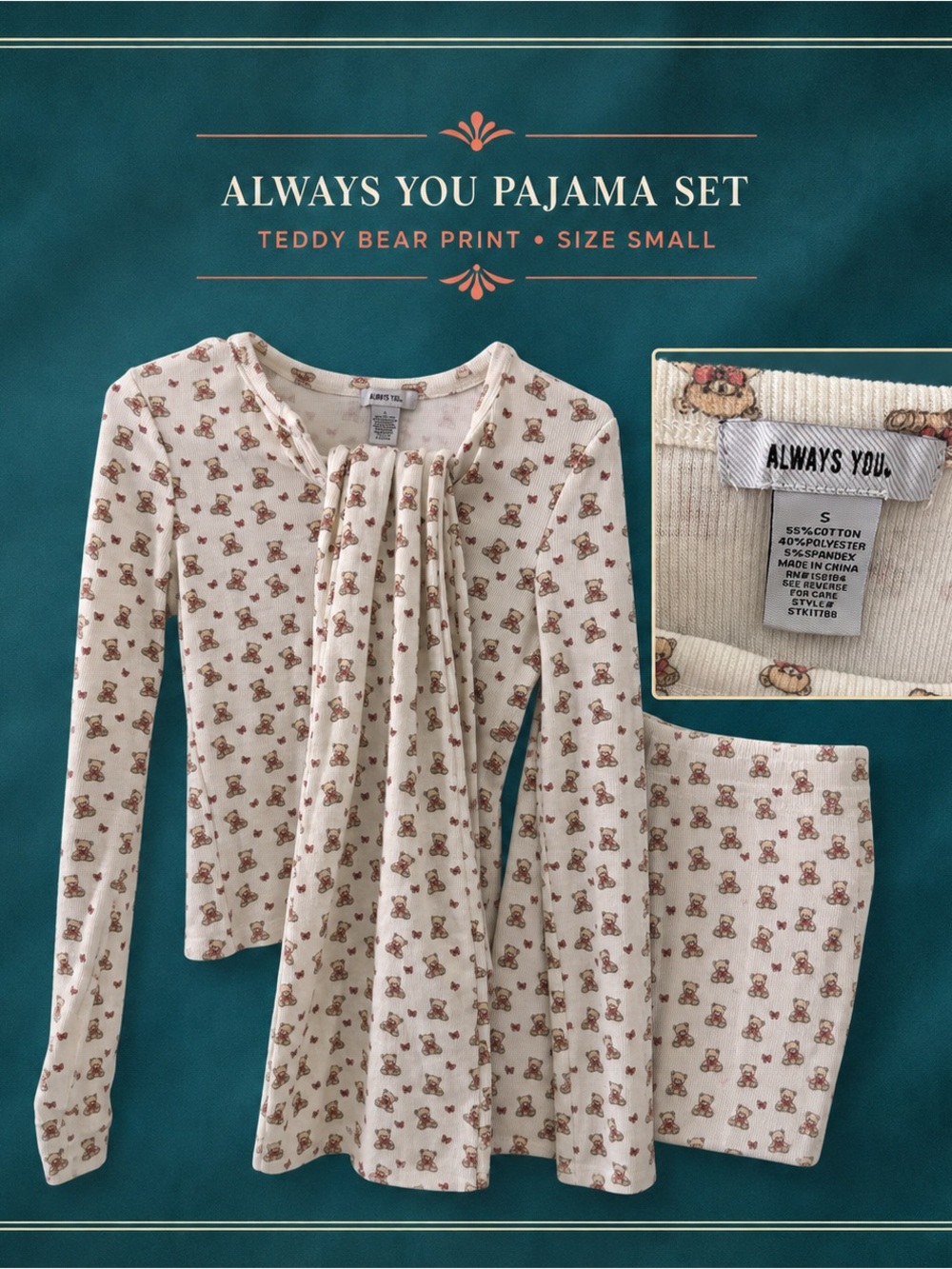 Always Cream Teddy Bear Print Jr.  Pajama Set